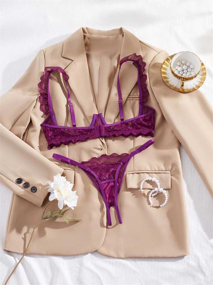 Womens Lingerie Ultra Sexy Open Bra Thong Sets Delicate Lace Underwear Hollow Ultrathin Exotic Sets Crotchless Erotic LingerieXJ250301