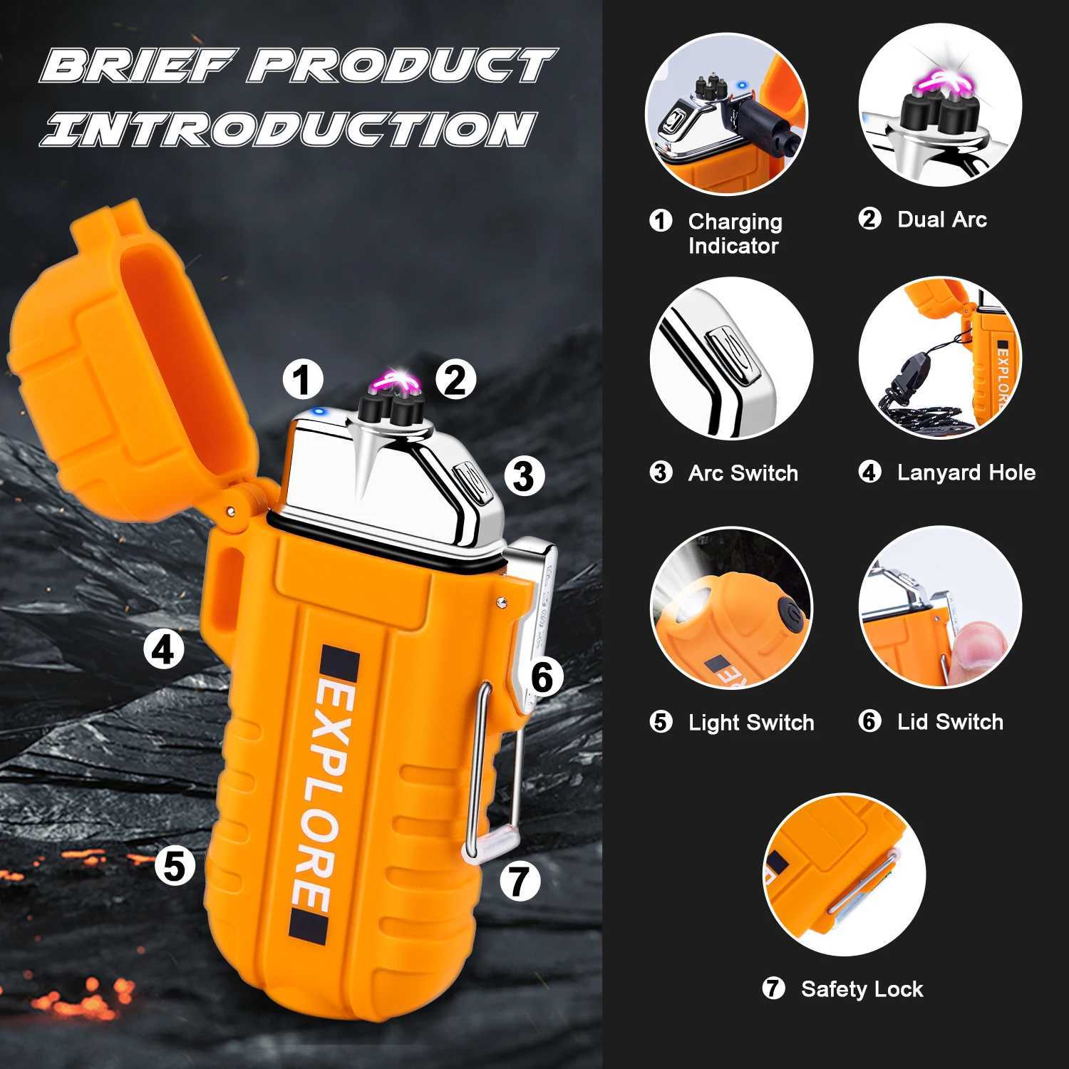 Waterproof Electric Lighter Windproof Dual Arc USB Rechargeable Flameless Plasma Lighters for Camping Hiking Survival TacticalT250301