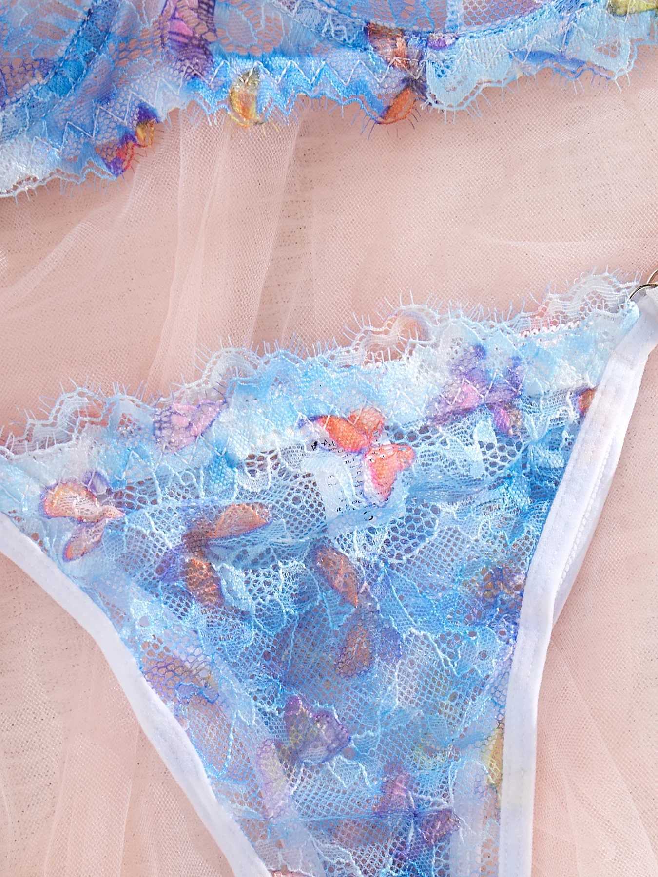 Womens transparent blue butterfly lace sexy lingerie set gathering push up bra daily comfortable close fitting lingerie setXJ250301