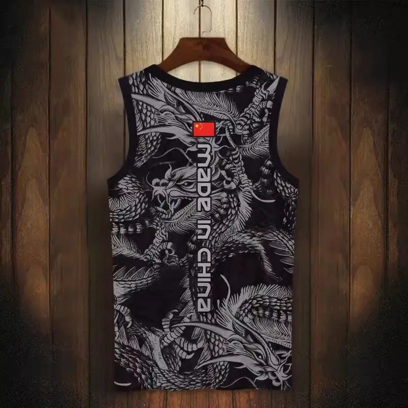Summer Ice Silk Chinese 3D Dragon Black Tank Top Muscle Compression Gym Sleeveless T Shirt Y2k Streetwear Tops 250225