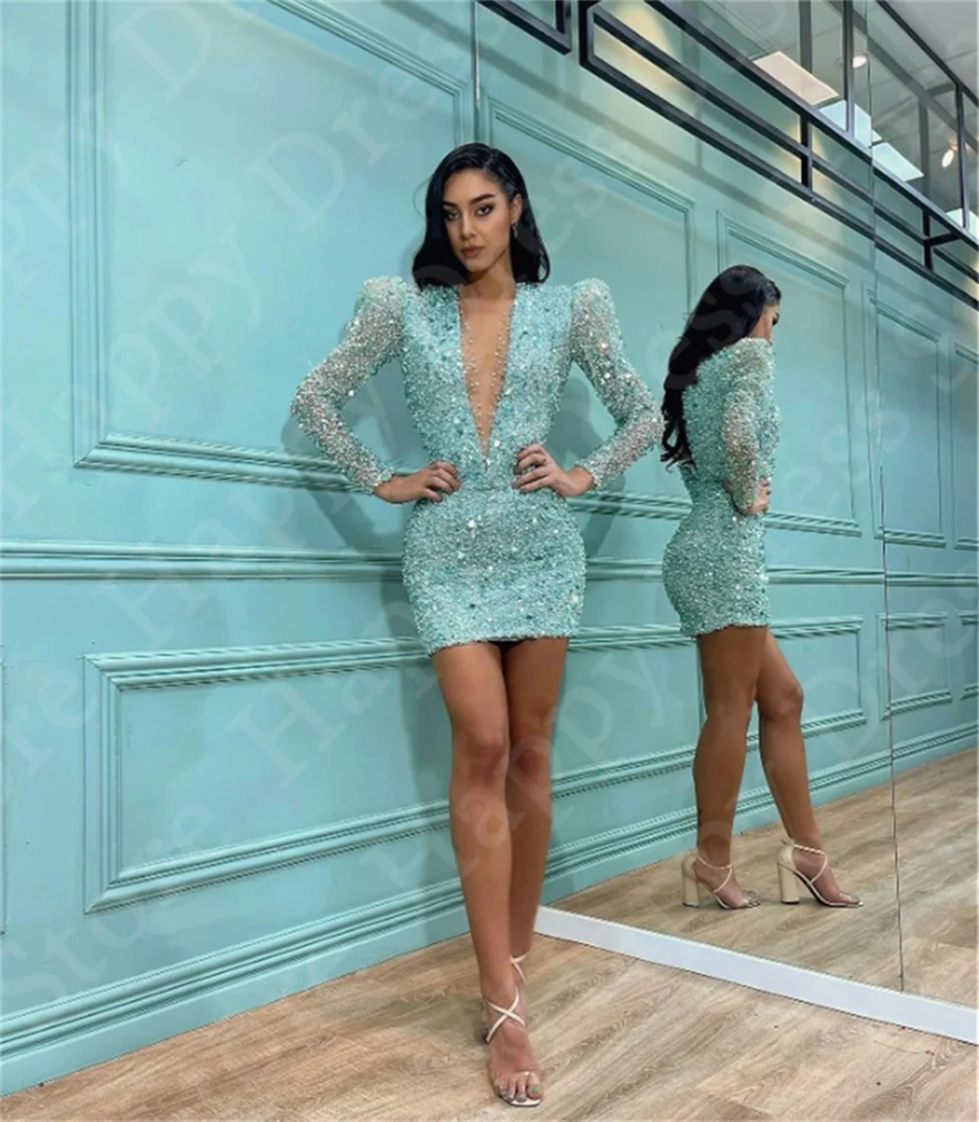 Sexy Deep V-Neck Cocktail Dress Sparkly Sequin Short Dress Long Sleeves Sheath Mini Special Evening Dress New Vestidos De Fiesta