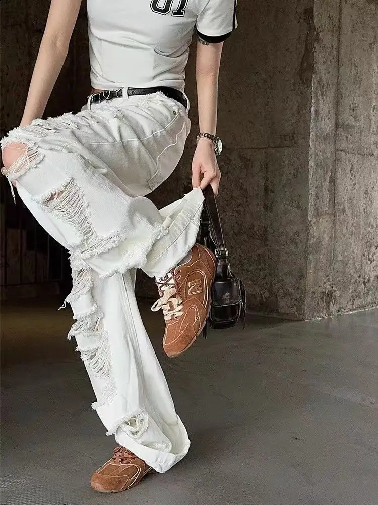 ADAgirl White Ripped Baggy Jeans Women Hole Wide Leg Straight Denim Pants Hip Hop Summer Slouchy Trousers Loose Causal Korean 250225