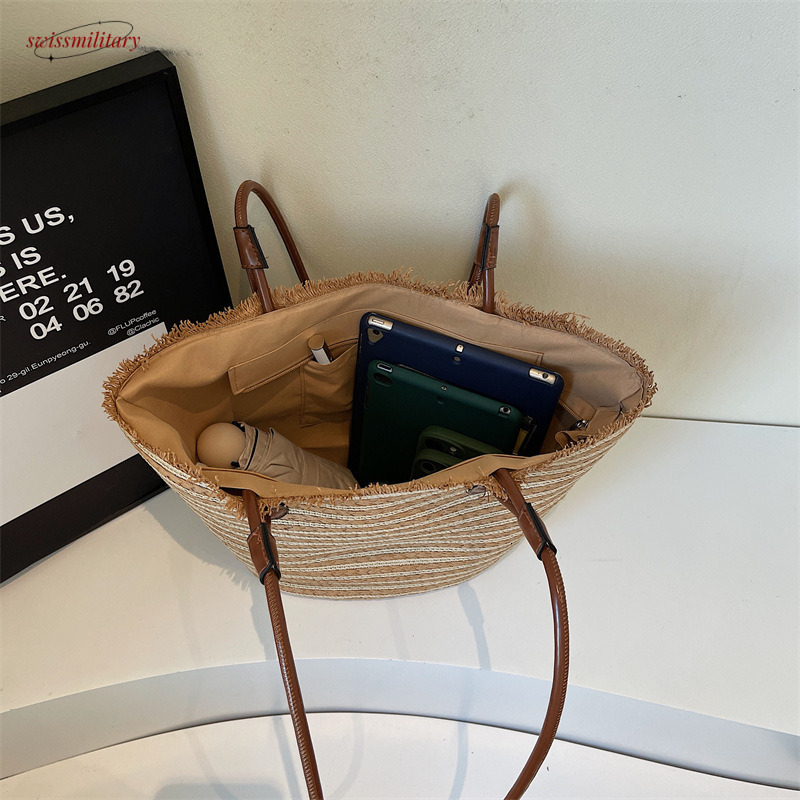 Straw for women in summer 2025, new rural style woven shoulder bag, beach vacation commuting tote bucket bag #swissmilitary