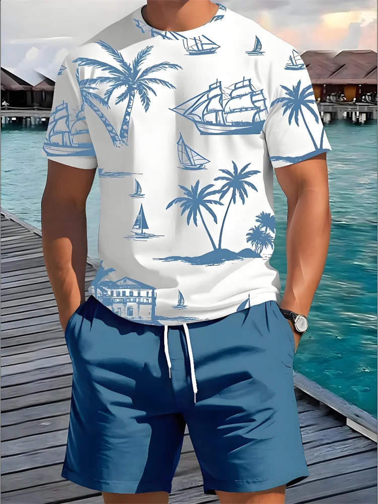 2 Piece Summer Casual Everyday Mens Short Sleeve Shorts Set Hawaiian Print Mens T-shirt Outdoor Sports Mens Beach Shorts 250228