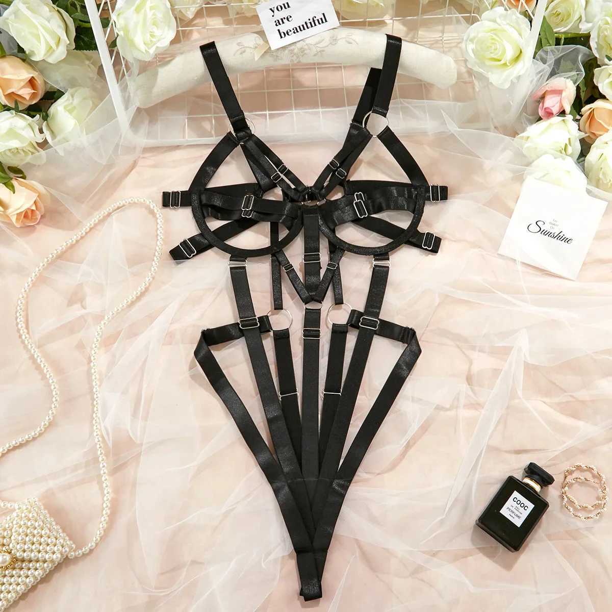 Womens Ribbon Splicing Steel Ring Backless Jumpsuit Underwear Sexy Solid Patchwork Steel Ring Bodysuit Perspective IntimatesXJ250301