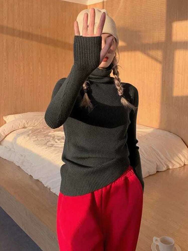 Knitted Women Korean Version Turtleneck Sweater Winter Solid Color Pullover Slimming Interior Lapping Warm Basic Tops