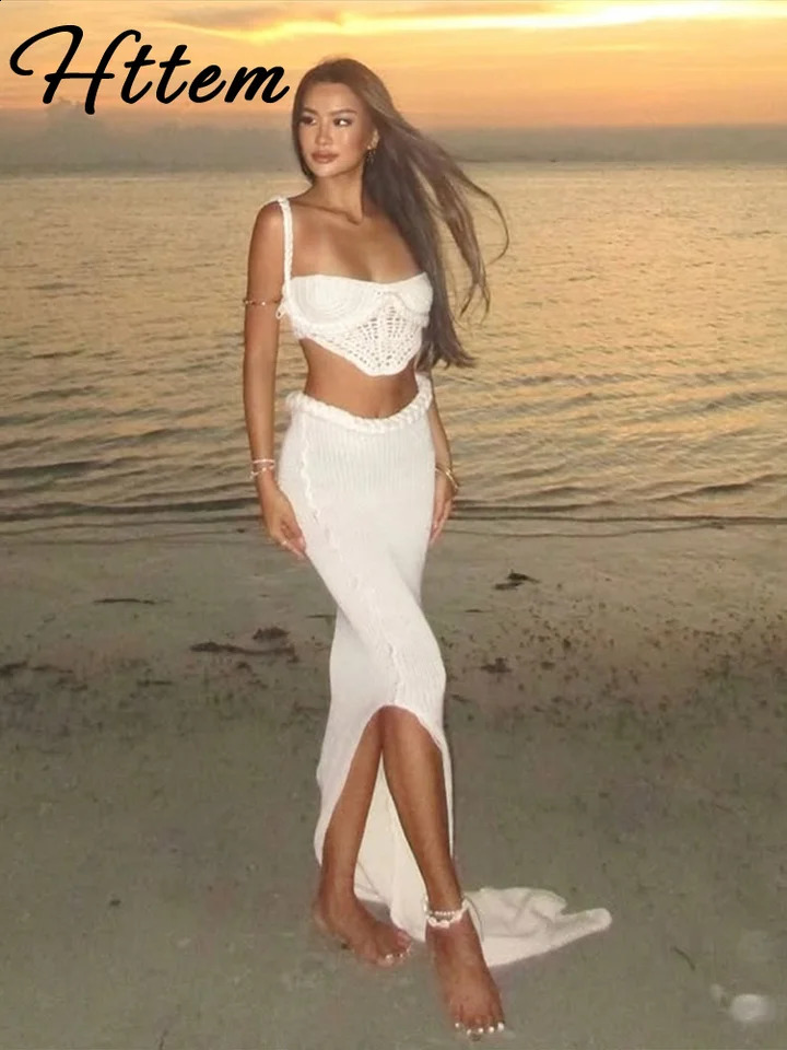 Knit Halter 2 Piece Suit Women Halter Sleeveless Backless Crop Tank Long Hip Package Skirt 2025 Vacation Lady Sets 250226