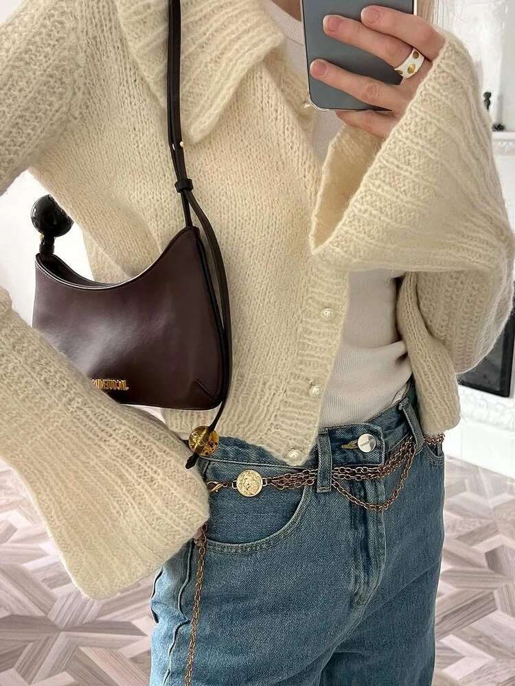 Tossy Knit Sweater Cardigan Outwear Women's Lapel Long Sleeve Patchwork High Waist Cropped Top Streetwear Female Knitwear Coat
