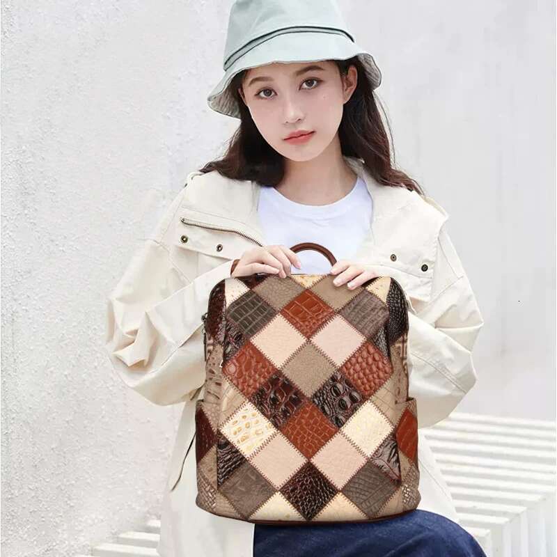 Women's Retro Backpack Genuine Leather Shoulder Bags 12 Inches Travel For Lady Patchwork Quality Laptop Bag New Fashion