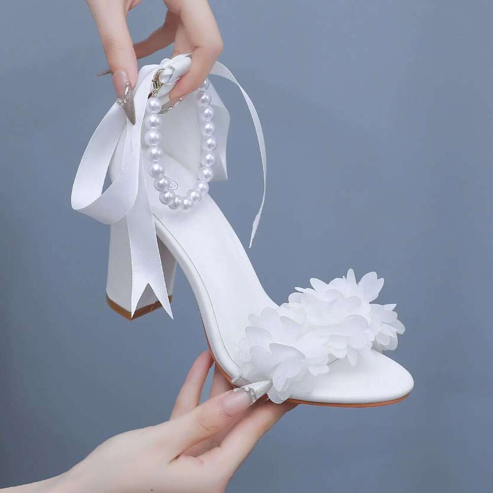 Women Crystal Queen White wer Beaded Dia High Heels Summer Shoes Peep Toe Buckle Strap Square Sandals