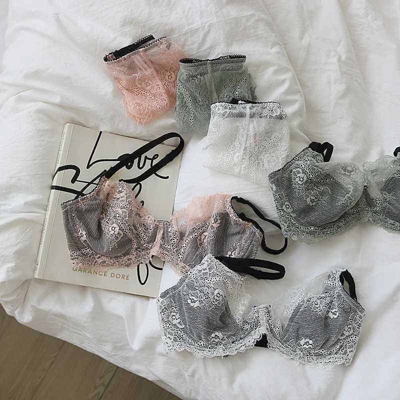 Womens lace ultra-thin bra panties set soft texture big breasts small rims lingerie women large size cotton-free underwearXJ250301