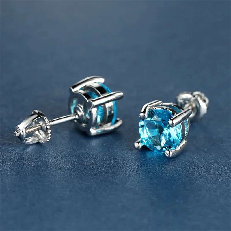 Female Crystal Light Blue Stone Earring Charm Sier Color Stud Earrings Cute Round Zircon Wedding Jewelry For Women