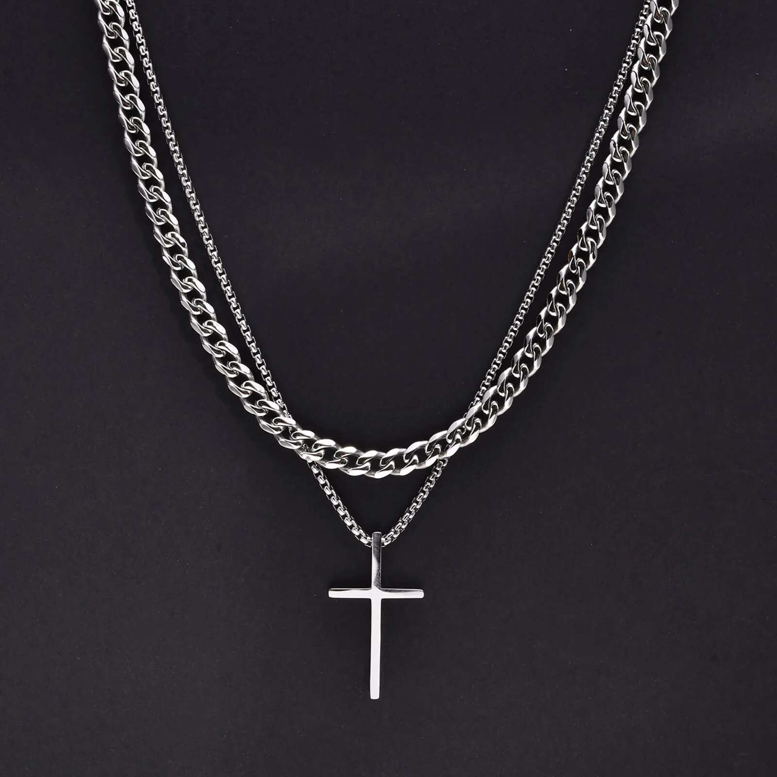 Vnox Mens Necklaces, Stainless Steel Layered Plain Cross Pendant, Rope Box Chain Necklace, Simple Prayer Jesus Collar