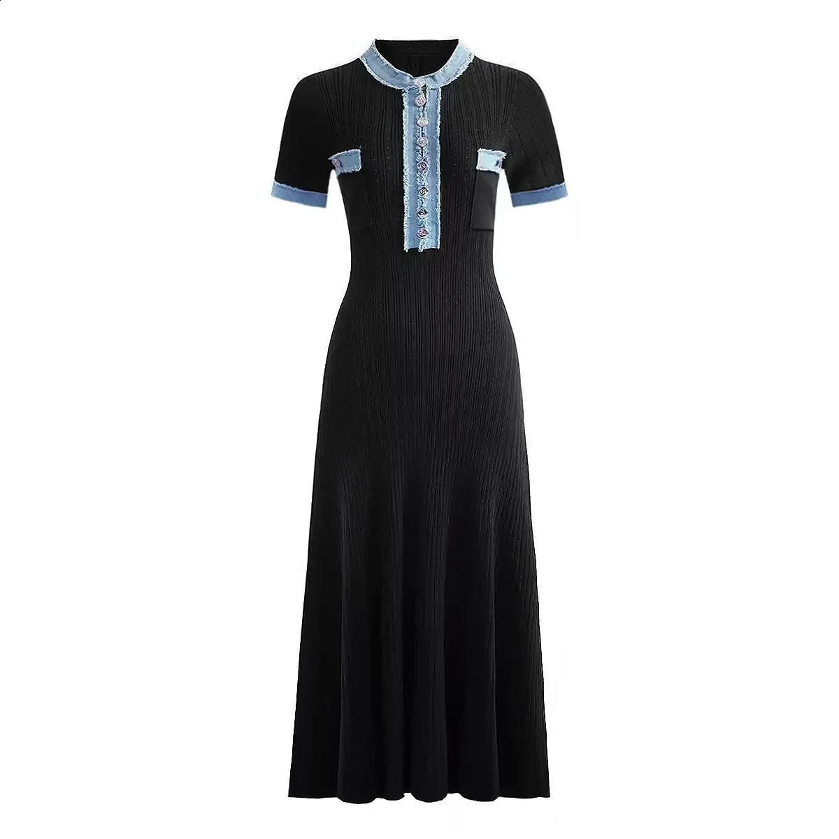sandro dress Designer dress Fashionable Denim Patchwork Maxi Dress - O-Collar Knitted Robe with Pockets, Long Sleeved Vacation Style 352