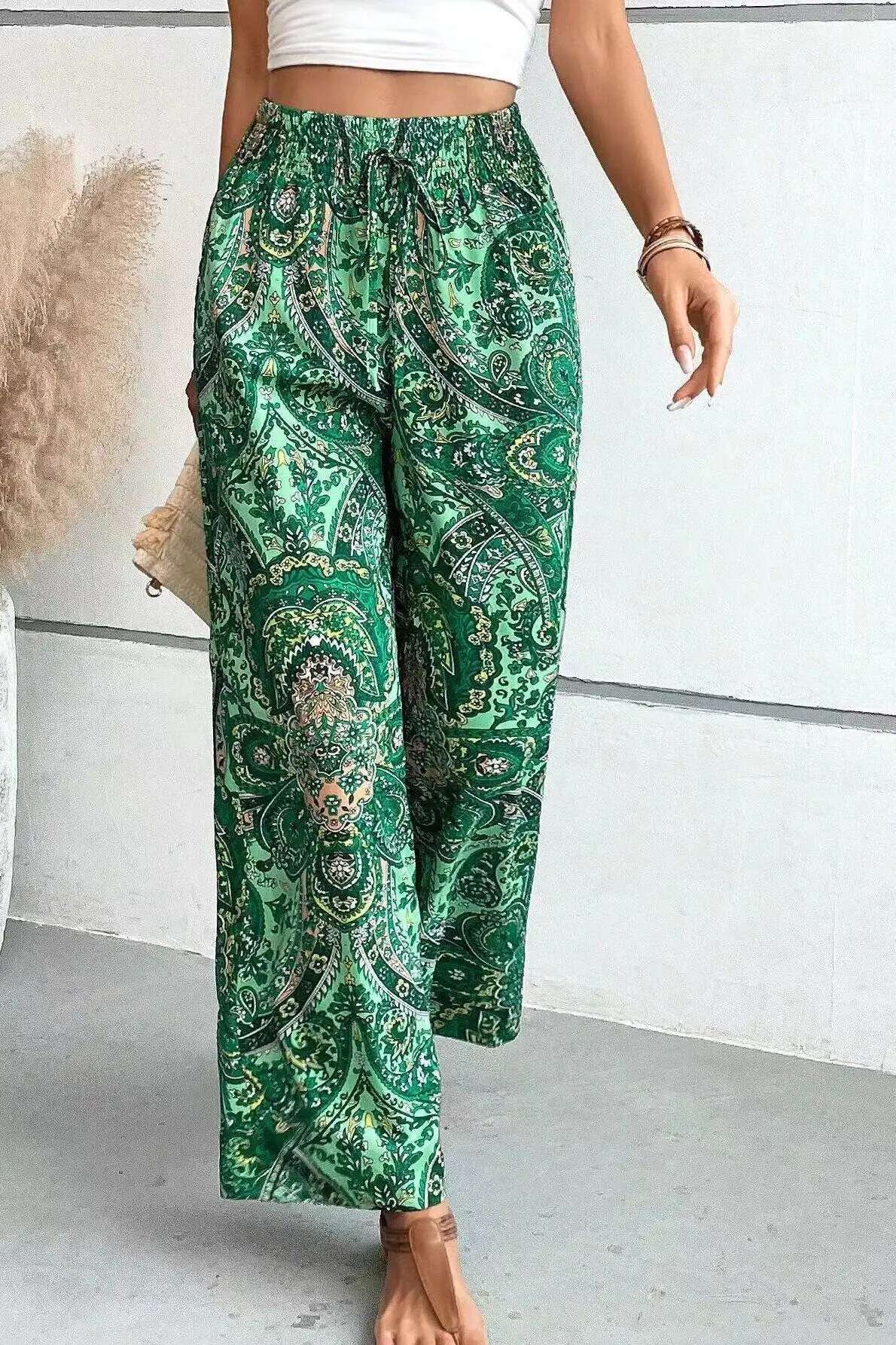 Fashion Vintage Print Wide-leg Pants Women Casual High-waisted Trouser 2024 Spring Summer Office Lady Clothes Streetwear