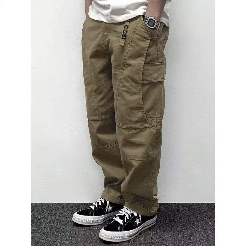Spring Mens Pants Multi-Pocket Cargo Pants Vintage Solid Color Simple Loose-Fit Casual Pants 250228
