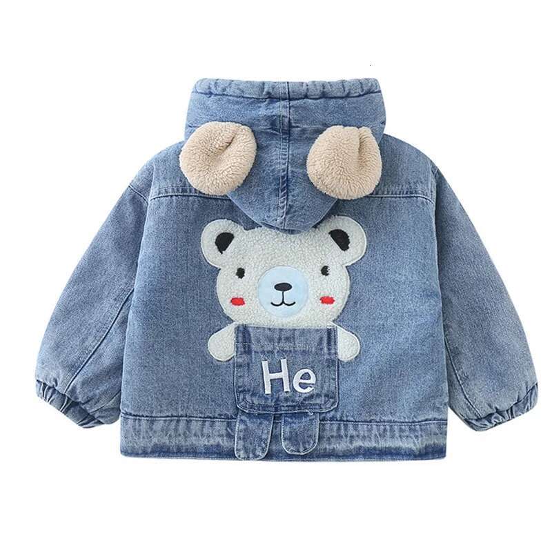 Ddmyshoesvip Korean Autumn Winter Girl Denim Jacket Cartoon Bear Hooded Plus Veet Boy Outerwear Coat Year Kids Parka Outfit