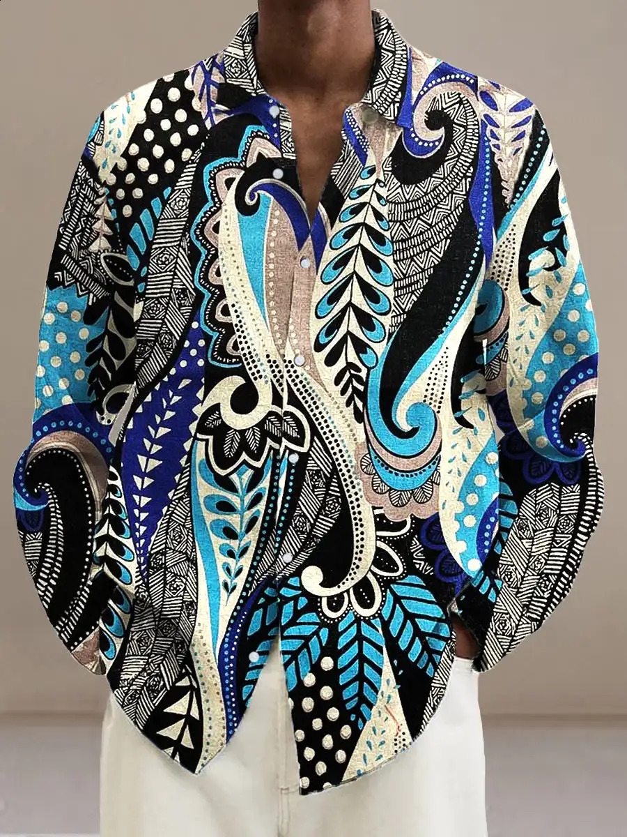 Mens shirt lapel shirt mens 3d printing gentleman retro irregular plant printing casual long sleeve fashion printing shirt 250225