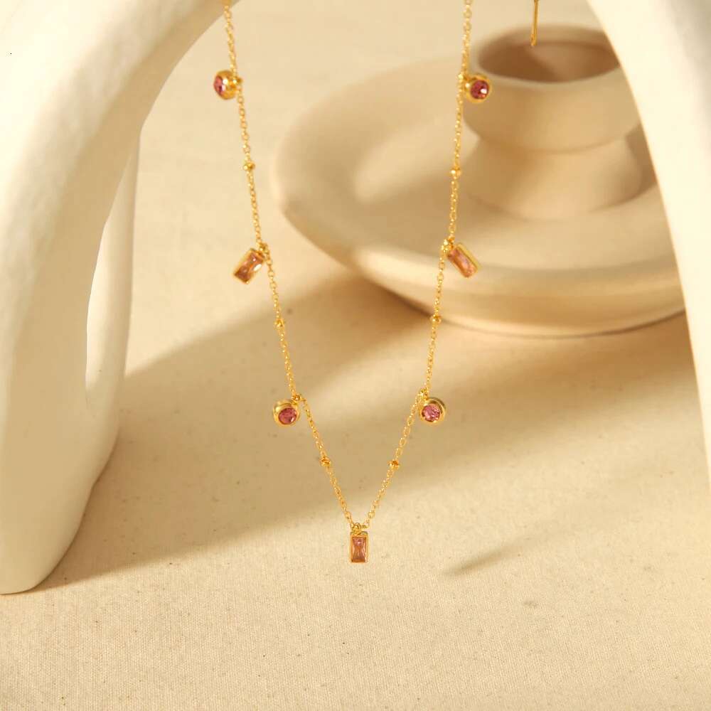 Waterproof Gold Plated Stainless Steel Glass Stone Charms Necklace Bracelet Set for Women Fashion Jewelry Gift