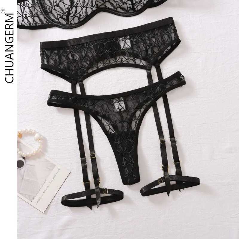 CHUANGERM Gather Female Underwear for Women Embroidery Lace Bra Net Womens Clothing Set Secret Four Sets Lingerie SexyXJ250301