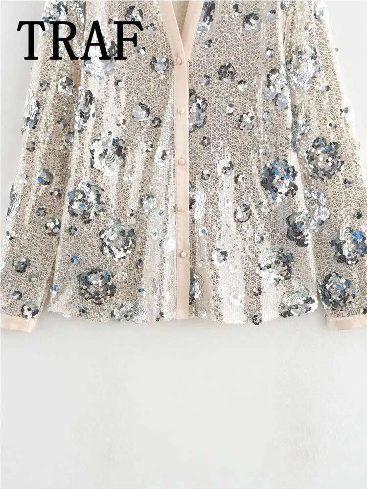 TRAF Ral Sequins Embellished Shirt Casual Elegant Loose 2024 New Fashion Women Shirts Blouses Top
