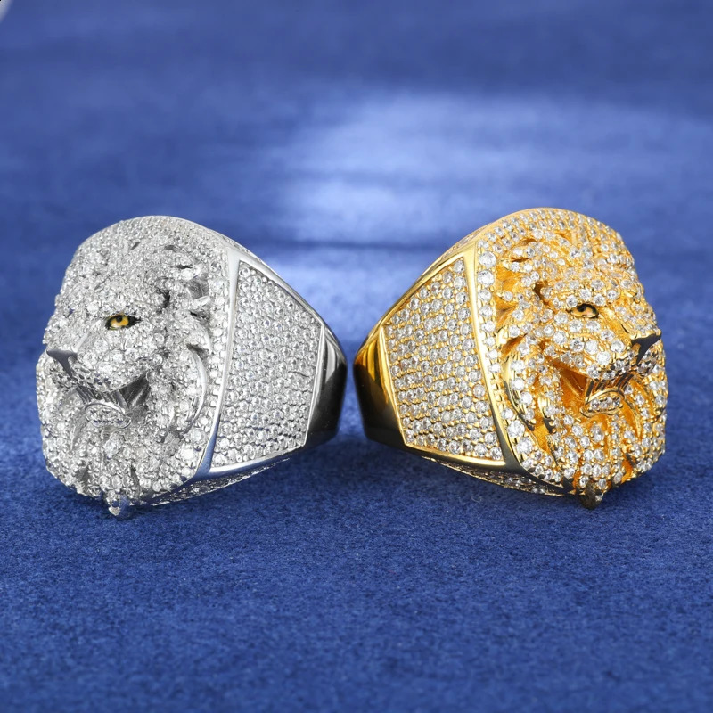 S925 D VVS Lion Head Mens Ring Iced Out Prong Setting Bling Punk Hip Hop Rock Street Party Jewelry Christmas 250227