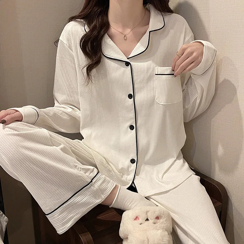 Casual Sleepwear Pyjamas Women Black White Spring Autumn Winter Home Clothes Long Sleeve Female Nightwear Pajamas Set M-3XL 250226bj