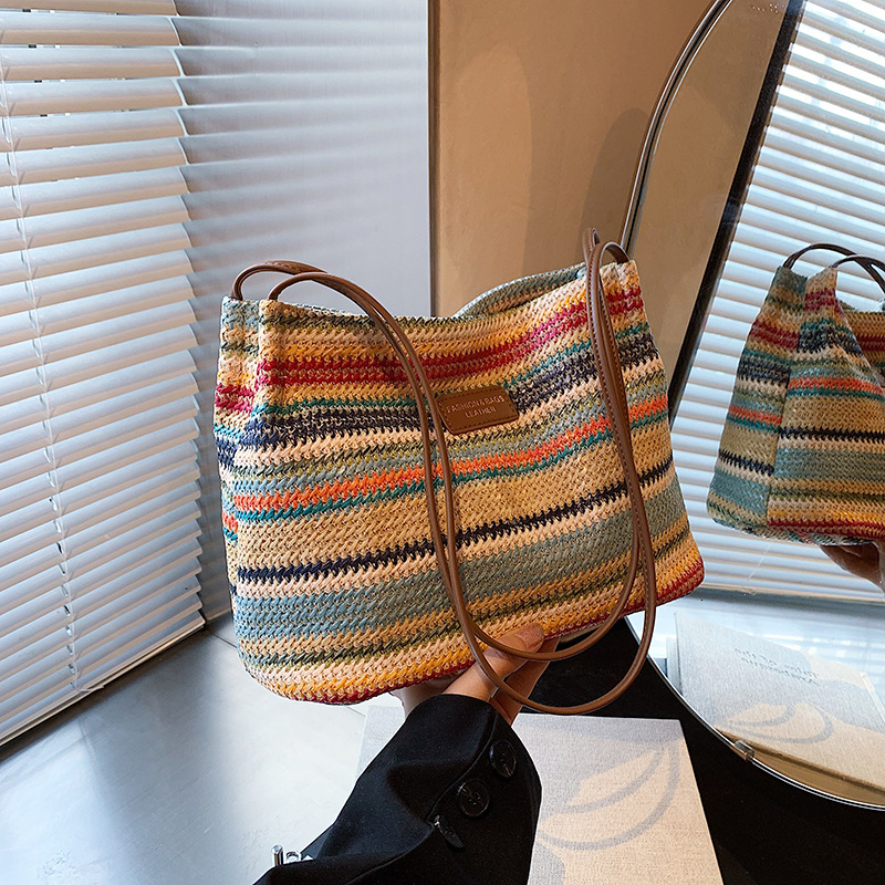 Summer Rainbow Grass Large for Women 2025 New Style Vacation Beach Woven Shoulder Commuter Tote Bag #swissmilitary