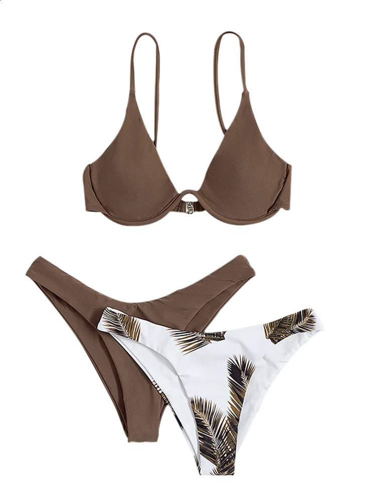 Bikini Women Swimsuit 2024 Solid Print Sling Set Sexy Thong Swimwear Summer 3 Piece Beach Wear Bathing Suit Female 250227