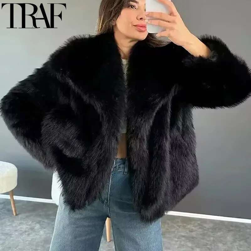TRAF Winter Faux 2024 Woman New in coats Autumn Plush Fluffy Jacket Warm Red Gray Black White Fur Coat Outerwears