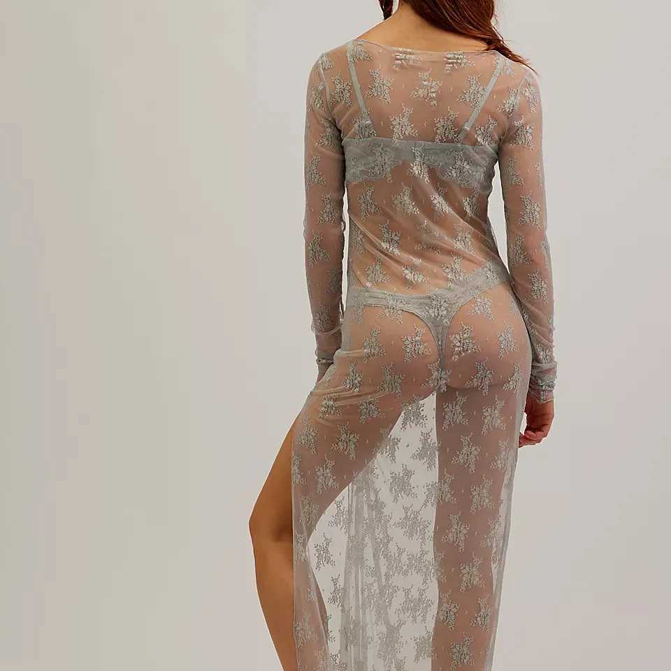 Basic Casual Dresses city Womens Y2K Sheer Lace Maxi Dress Long Sleeve See Through Mesh Floral Lace Split Bodycon Dress Beach Coverups Party Dress J25