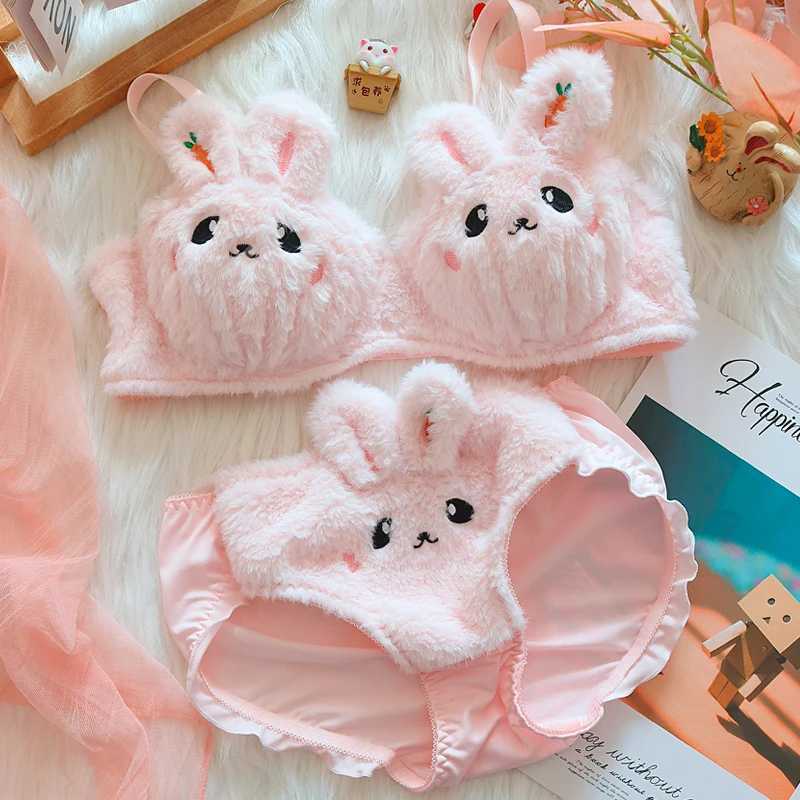 Japanese lolita girls plush lingerie with underpants no steel ring push-up bra set warm lingerie underpants suit rabbit braletteXJ250301