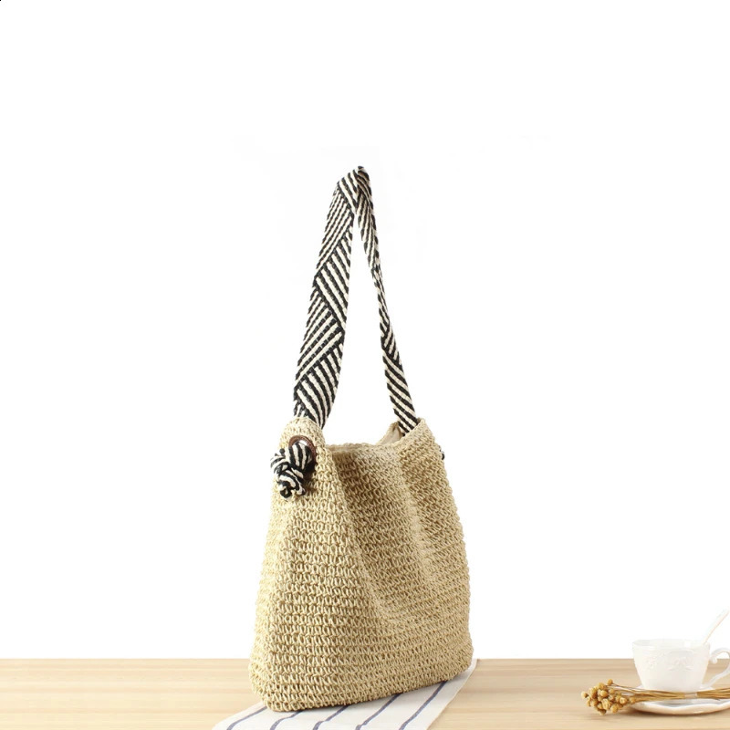 Korean version of the ins navy wind hundred with paper rope braided bag knot shoulder strap shoulder bag niche beach bag 250228
