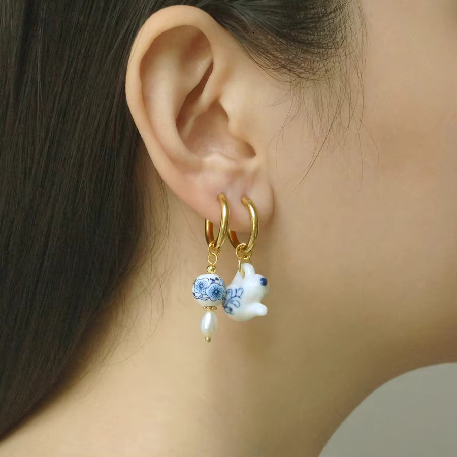 Women's Vintage 3D Hand Painted Blue and White Ceramic Bead Pendant Earrings Stainless Steel Ring Ear Hoops