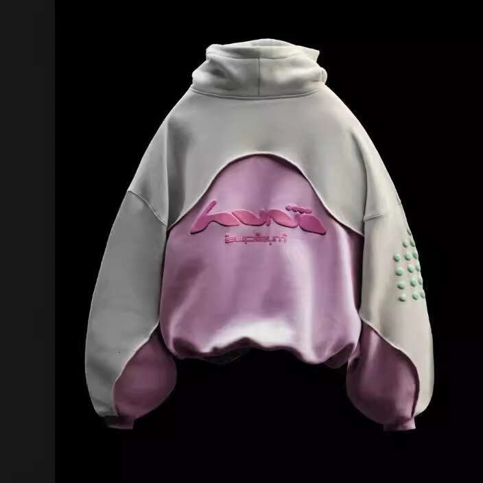 American college style letter foam printed spliced contrasting color unisex hooded sweatshirt