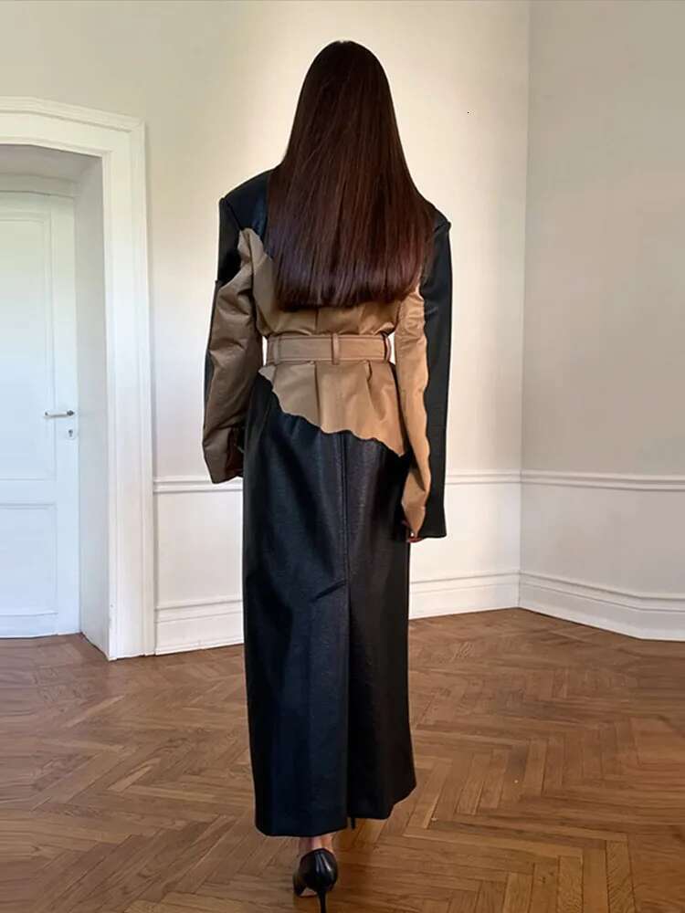 Elegant Contrast Leather Women Vintage Lapel Single Breasted Lace Up Split Belt Female Coat 2024 Autumn Winter Lady Outwear
