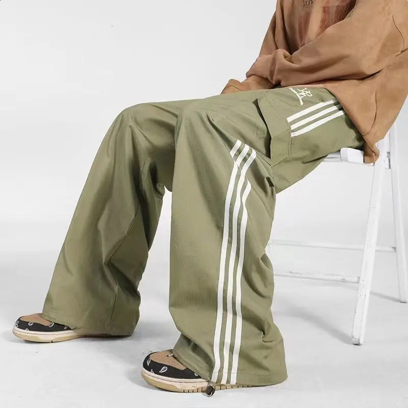 Mens Trendy American Retro Streetwear Side Striped Cargo Pants Y2K Casual Pocket Sport Straight Loose Trouser Pantalones Hombre 250225