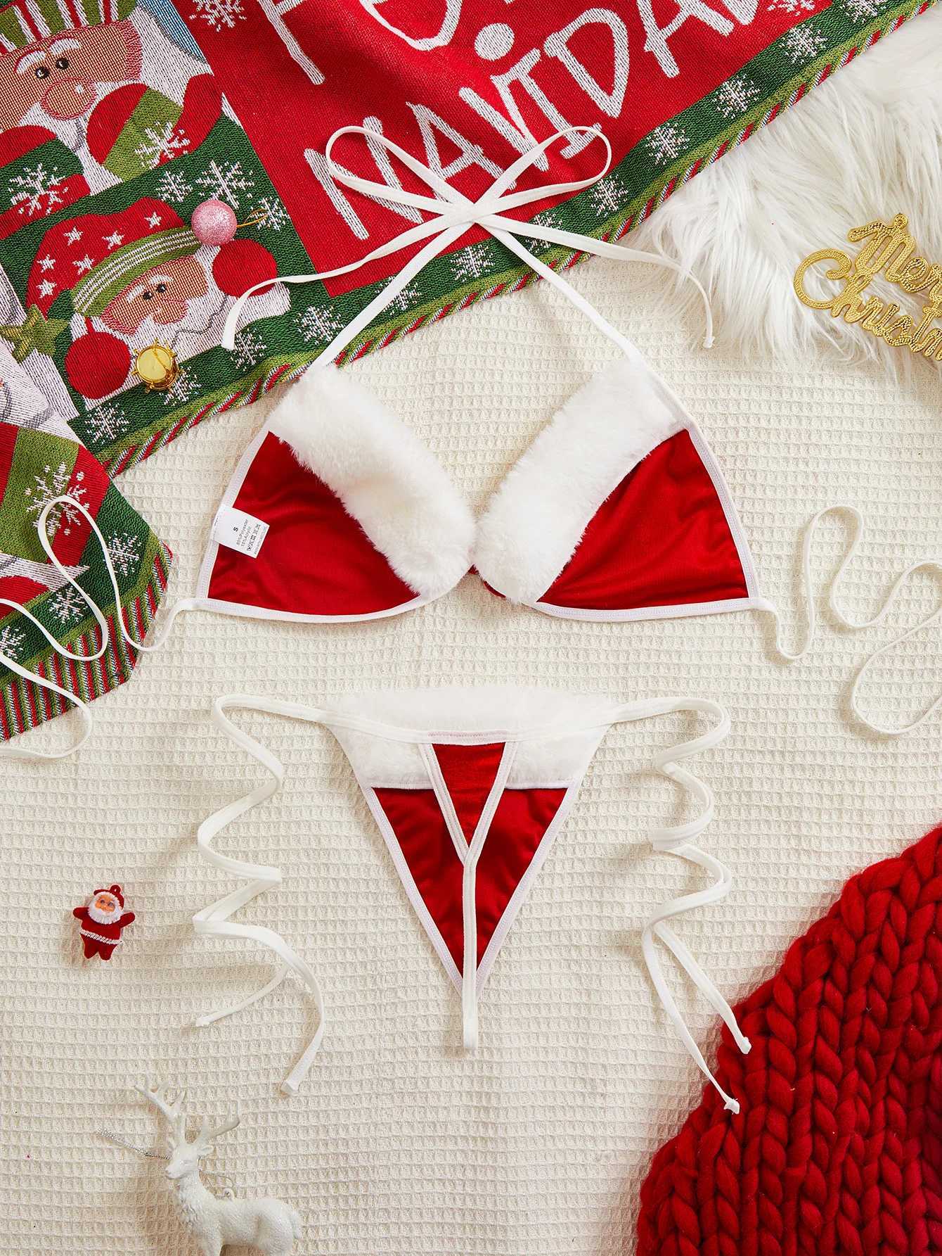 2025 Christmas Sexy Lingerie Red Velvet Bowknot Bras and Briefs Suit Women Underwear Sets Adult Sexy New Year CostumeXJ250301