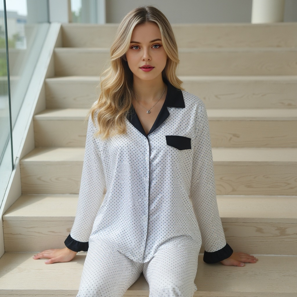 L300 New Black Dot Satin Home Clothes Two-piece Set Long Sleeve Pajamas Set Women's European and American Cross-border Cardigan Long Sleeve Pants