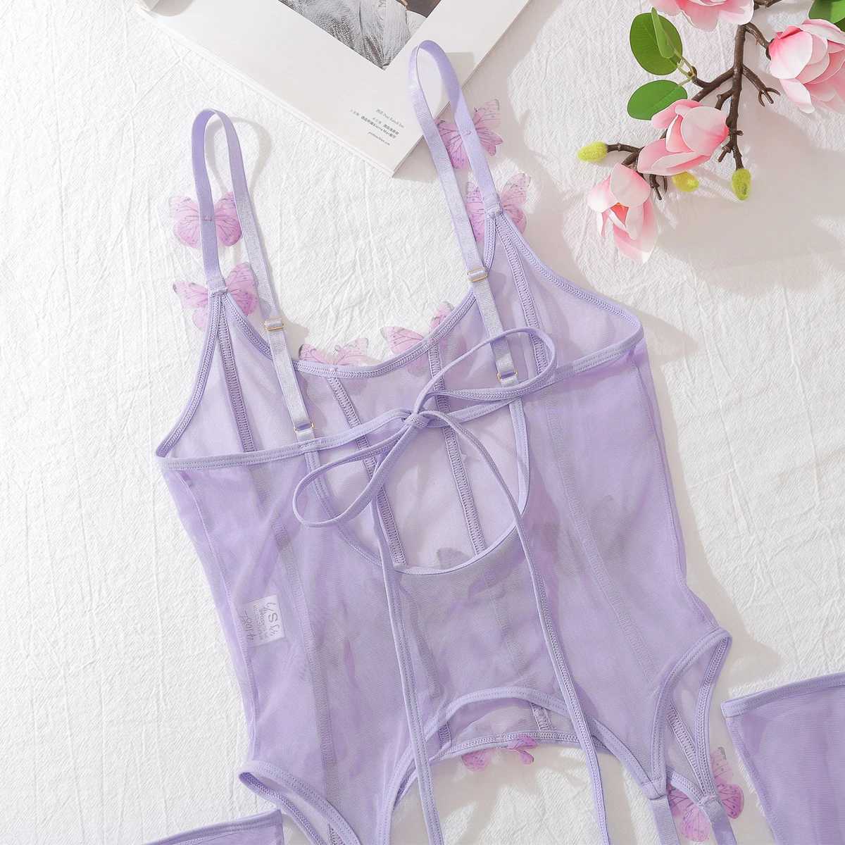 MUZISKAT Spring/Summer New Bow Slimming Perspective Net Couple Set Womens Underwear 3-Piece SetXJ250301