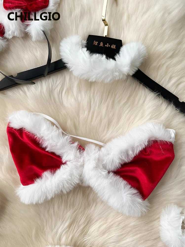 CHILLGIO Women Sexy Christmas Velour Bra Brief Suits Fashion Intimate Lingerie 5 Piece Erotic Bras Thongs Outfits Underwear SetsXJ250301