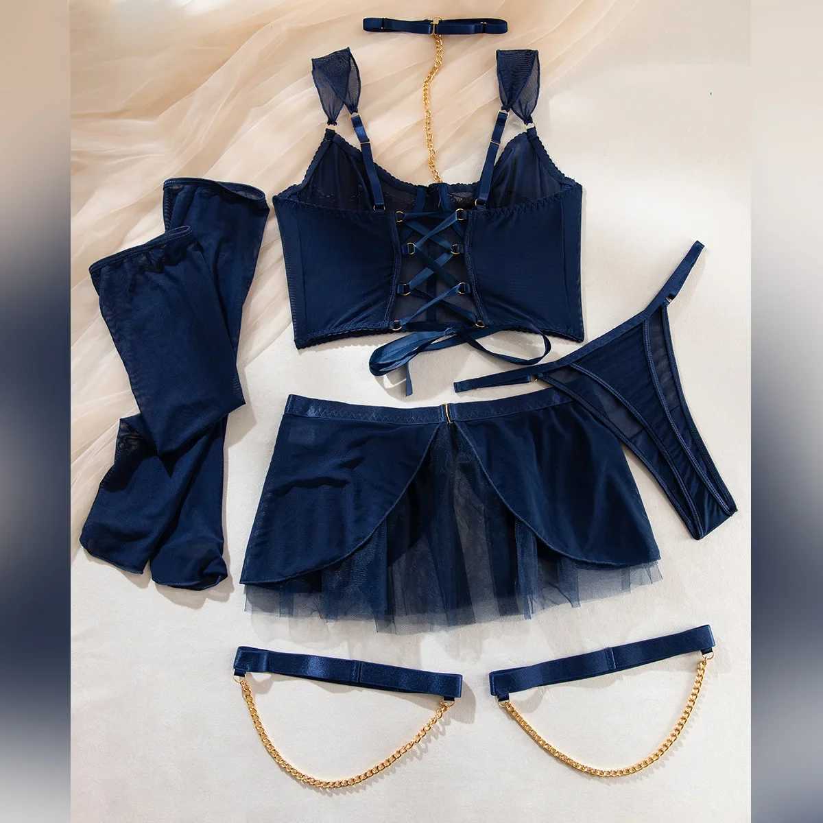 Sexy Pure Desire Mesh Underwear Perspective Skirt Chain Hanging Neck with Gloves Transparent Four Pieces Female See Through BraXJ250301