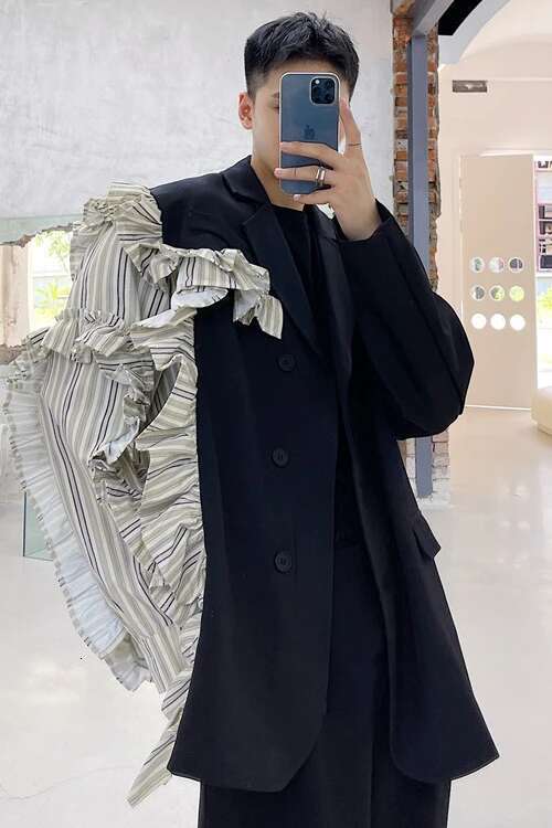 Tannt Women Asymmetry Edible Tree Fungus Patchwork Stripes Blazer Jackets Irregular Casual Color Matching Suit Coats