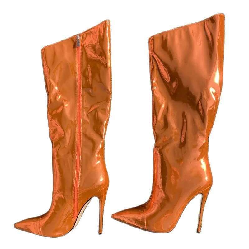 Thigh Candy Color Mirror Leather Knee Heels Stilettos Runway Shoes For Women High Heel Boots