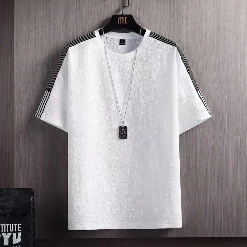 Mens Summer Linen Cotton Short Sleeve T-shirt Solid Loose White Five Point Bottomed Shirt Men Round Neck Tee TopsT250307