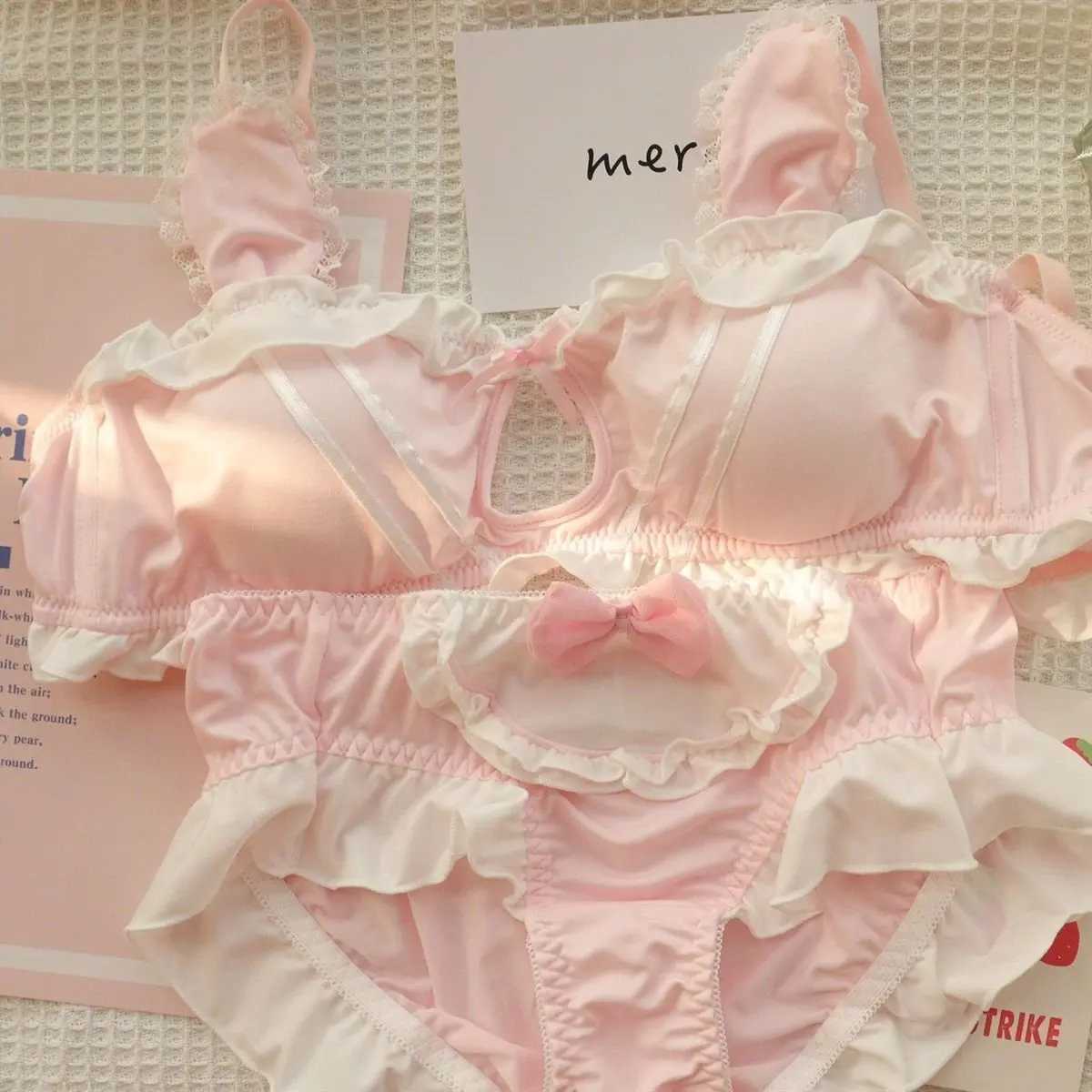 Lolita Cute lingerie women Japanese Rabbit ears sweet girl small chest pull together no underwire bra setXJ250301