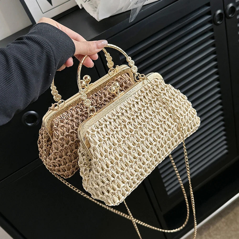 Chain Handwoven Handbags Summer Female Clutch Bag Simple Texture Dinner Party Handmade Casual Elegant Fashion Handheld Purse 250227Z