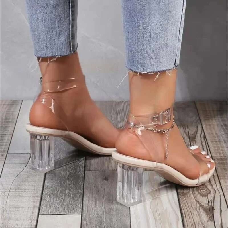 Buckle Open Toe Strap Roman Square Heel High Heels Sandals Women 2025 Summer Shoes Fashion PVC Wedge Ladies Pumps