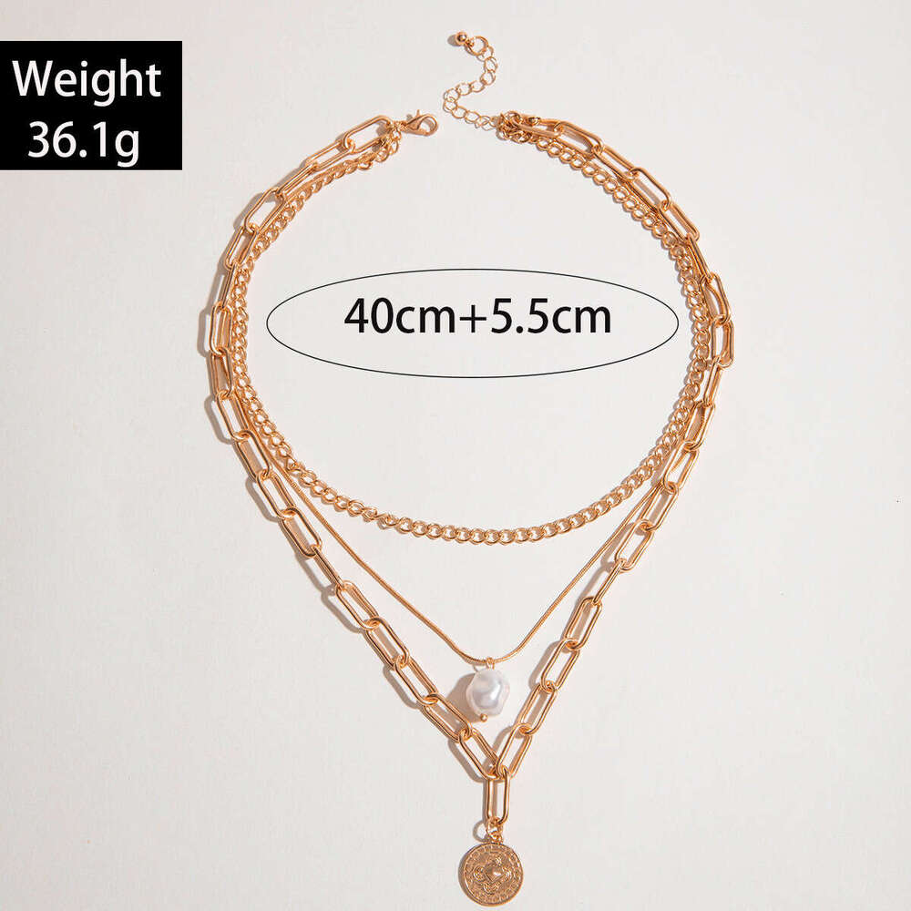 designer necklace Personalized alloy circular pendant, three-layer necklace, versatile, shaped pearl layered collarbone chain, women's necklace
