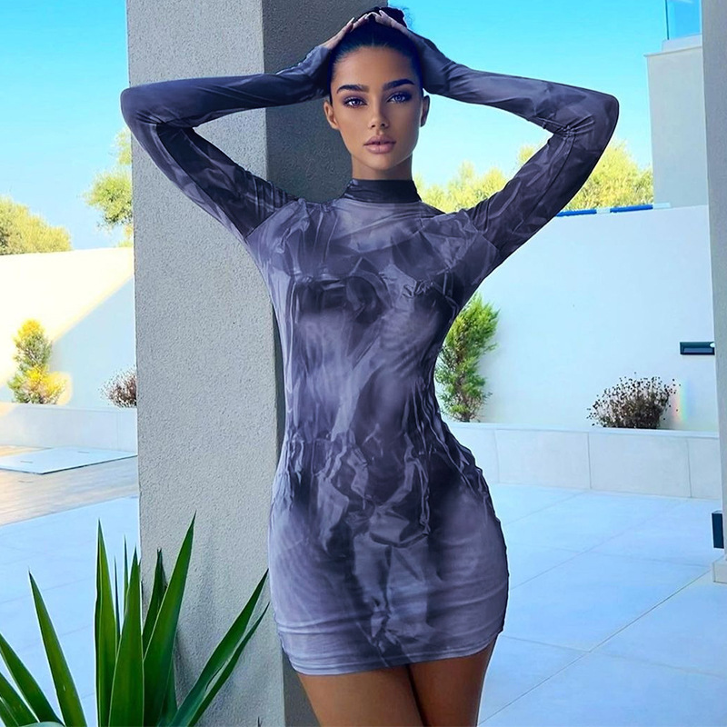 Women's New Summer New Product Fashionable Printed Slimming Round Neck Long Sleeve Hip Wrapped Dress For Women